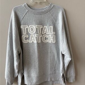 Aerie Oversized Gray Crew Neck Sweatshirt with Embroidered Text